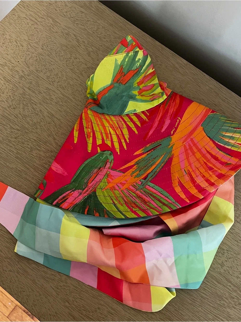 Farm Rio Tropical Garden Sun Hat OS Multi Lime Painted Birds Striped Wide Brim